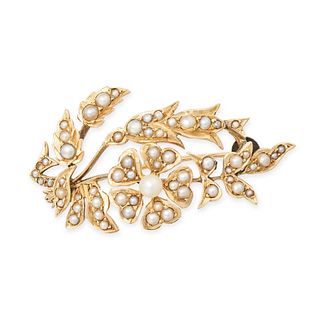 A VINTAGE SEED PEARL BROOCH in 18ct yellow gold, designed as a flower spray with seed pearls set ...