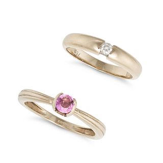 NO RESERVE - A DIAMOND RING AND A PINK SAPPHIRE RING one set with a round brilliant cut diamond, ...