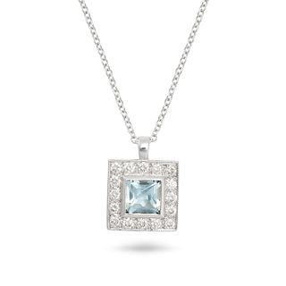 AN AQUAMARINE AND DIAMOND PENDANT NECKLACE in white gold, set with a square step cut aquamarine o...