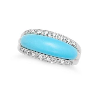 A TURQUOISE AND DIAMOND RING Â in 18ct white gold, comprising a central raised band of turquoise b...