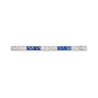 AN ART DECO DIAMOND AND SAPPHIRE BAR BROOCH in 18ct white gold, comprising a row of alternating o...