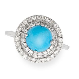 A TURQUOISE AND DIAMOND DRESS RING in 14ct white gold, set to the centre with a cabochon cut turq...