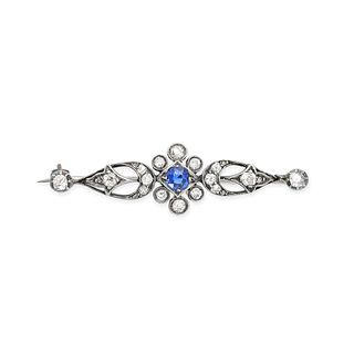AN ANTIQUE SAPPHIRE AND DIAMOND BAR BROOCH in yellow gold and silver, set with a cushion cut sapp...