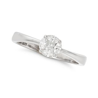 A DIAMOND CLUSTER RING in 18ct white gold, set with a princess cut diamond in a cluster of marqui...