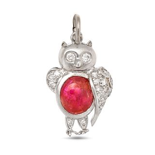 ADLER, A RUBY AND DIAMOND OWL PENDANT / CHARM in 18ct white gold, designed as an owl, the body se...