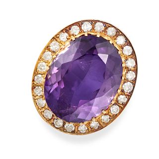 AN AMETHYST AND DIAMOND CLUSTER RING in 18ct yellow gold, set with an oval cut amethyst of approx...
