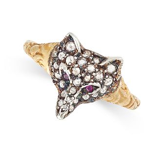 A DIAMOND AND RUBY FOX RING in yellow gold, designed as the head of a fox set with rose cut diamo...