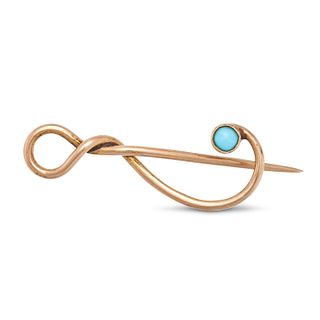 NO RESERVE - MURRLE BENNET, AN ANTIQUE TURQUOISE BROOCH in 9ct yellow gold, in scrolling form set...