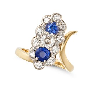 A SAPPHIRE AND DIAMOND CLUSTER RING in 18ct yellow gold, set with an old European cut diamond acc...