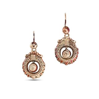 A PAIR OF ANTIQUE DROP EARRINGS each comprising a hoop engraved with foliate design suspending an...