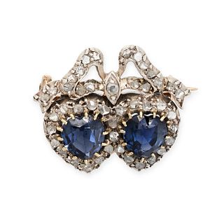 AN ANTIQUE SAPPHIRE AND DIAMOND SWEETHEART BROOCH / PENDANT designed as two hearts surmounted by ...
