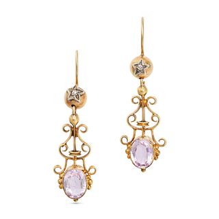 A PAIR OF PINK TOPAZ AND DIAMOND DROP EARRINGS each comprising a sphere set with a rose cut diamo...