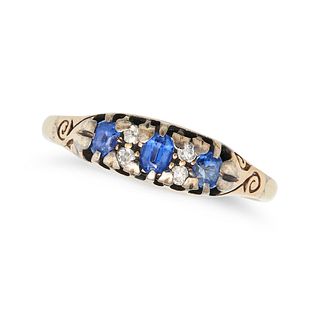 AN ANTIQUE SAPPHIRE AND DIAMOND RING in 18ct yellow gold, set round cut sapphires and old cut dia...