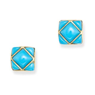 A PAIR OF RECONSTITUTED TURQUOISE STUD EARRINGS in 18ct yellow gold, each square face set with re...
