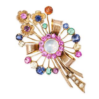 A VINTAGE MULTIGEM FLORAL SPRAY BROOCH designed as a floral spray tied together with a bow set wi...
