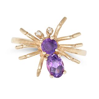 AN AMETHYST AND DIAMOND SPIDER RING in 9ct yellow gold, the body set with a round and an oval cut...