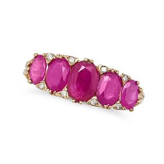 A RUBY AND DIAMOND FIVE STONE RING in yellow gold, set with five oval cut rubies accented by roun...