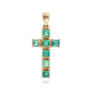 AN EMERALD CROSS PENDANT in 18ct yellow gold, designed as a cross set with seven square step cut ...