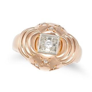A RETRO FRENCH DIAMOND RING in 18ct yellow gold, set with a single cut diamond, rose cut diamonds...