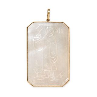 A MOTHER OF PEARL PENDANT set with an octagonal mother of pearl carved to depict traditional East...