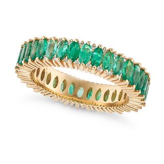 AN EMERALD FULL ETERNITY RING in 18ct yellow gold, set all around with a row of marquise cut emer...
