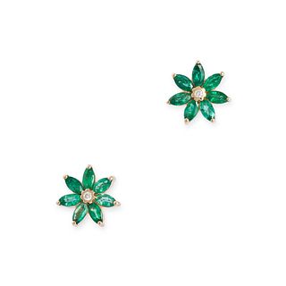 A PAIR OF EMERALD AND DIAMOND CLUSTER STUD EARRINGS in 18ct yellow gold, designed as flowers, eac...