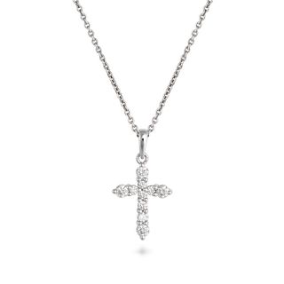 A DIAMOND CROSS PENDANT NECKLACE in 18ct white gold, set with round brilliant cut diamonds on a t...