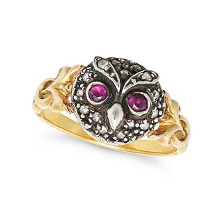 A RUBY AND DIAMOND OWL RINGÂ designed as the head of an owl set with single cut diamonds, the eyes...