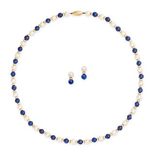 NO RESERVE - A PEARL AND LAPIS LAZULI NECKLACE AND EARRINGS SUITE in 9ct yellow gold, the necklac...