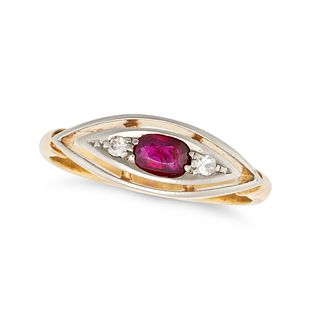 A NAVETTE RUBY AND DIAMOND THREE STONE RING in 18ct yellow gold, comprising an oval cut ruby shou...