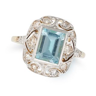 AN AQUAMARINE AND DIAMOND DRESS RING set with an octagonal step cut aquamarine of approximately 9...