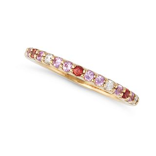 A MULTIGEM HALF ETERNITY RING in 18ct white gold, set with a line of round cut diamonds, rubies a...