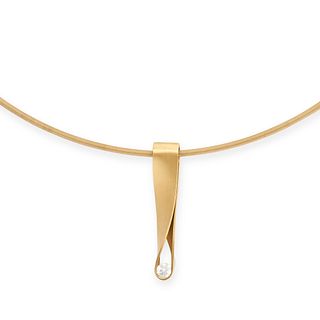 A DIAMOND WISHBONE NECKLACE in 18ct white and yellow gold, spiral design comprising a round brill...