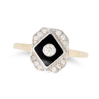 A DIAMOND AND ENAMEL RING in 9ct white and yellow gold, set with a round brilliant cut diamond ac...