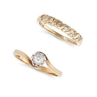 NO RESERVE - TWO DIAMOND RINGS a solitaire diamond ring in 9ct yellow gold, set with a round bril...