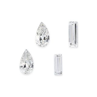 NO RESERVE - TWO PAIRS OF UNMOUNTED DIAMONDS comprising two baguette cut diamonds both totalling ...