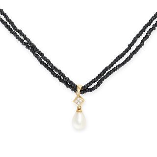 NO RESERVE - A JET, DIAMOND AND PEARL PENDANT NECKLACE in 18ct yellow gold, comprising a pendant ...