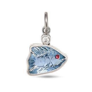ADLER, AN AQUAMARINE AND RUBY FISH PENDANT / CHARM in 18ct white gold, designed as a tropical fis...