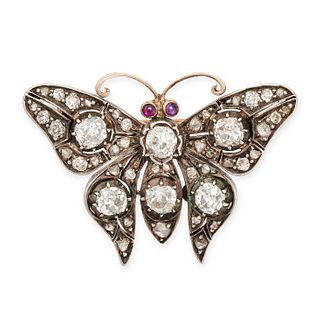 AN ANTIQUE DIAMOND AND RUBY BUTTERFLY BROOCH designed as a butterfly set with old and rose cut di...