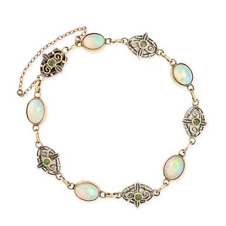 AN ARTS AND CRAFTS OPAL AND DEMANTOID GARNET BRACELET set with alternating oval cabochon opals an...