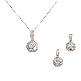 A DIAMOND NECKLACE AND EARRINGS SUITE in 18ct white gold, the pendant set with a round brilliant ...