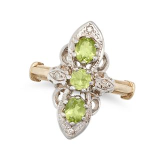 A PERIDOT AND DIAMOND DRESS RING in 9ct white and yellow gold, set with round and oval cut perido...