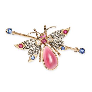 AN ANTIQUE GEMSET INSECT BAR BROOCH designed as a winged insect, the body set with a pear shaped ...