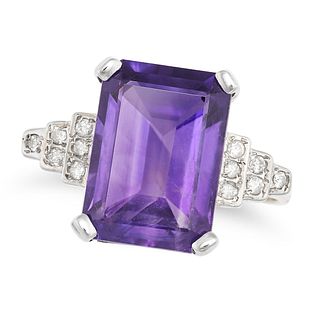 AN AMETHYST AND DIAMOND RING in 9ct white and yellow gold, set with an octagonal step cut amethys...