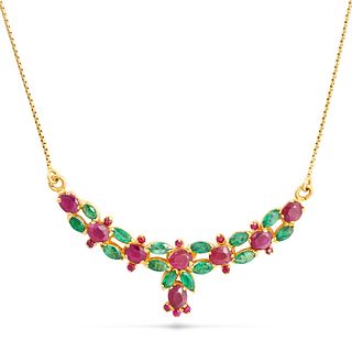 A RUBY AND EMERALD PENDANT NECKLACE in 22ct yellow gold, comprising a row of oval cut rubies acce...