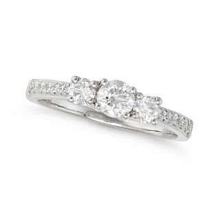 A DIAMOND THREE STONE RING in platinum, set with round brilliant cut diamonds, further round bril...