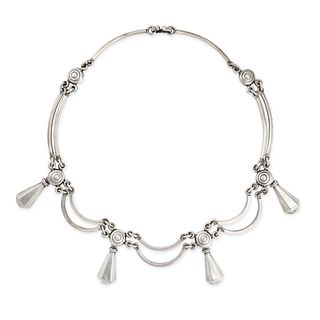 A SWAG FRINGE NECKLACE in silver, comprising silver spheres connected by two rows of rigid swag c...