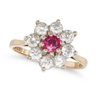 NO RESERVE - A RUBY AND CUBIC ZIRCONIA CLUSTER RING in 9ct yellow gold, set with a round cut ruby...