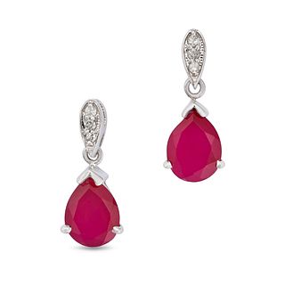 A PAIR OF GLASS-FILLED RUBY AND DIAMOND DROP EARRINGS in 14ct white gold, each set with a trio of...