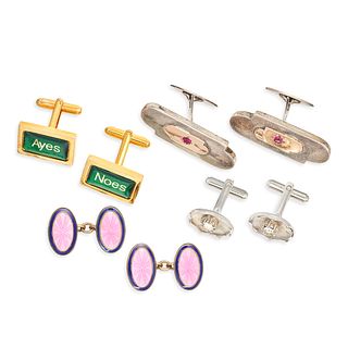 NO RESERVE - A COLLECTION OF CUFFLINKS one pair in silver with pink guilloche enamel accented by ...
